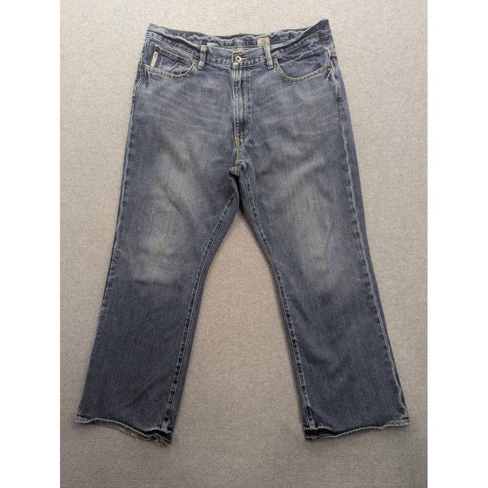 X2 Denim Laboratory Jeans Mens 38x30 Blue Boot Cut Distressed Frayed Hem M42
